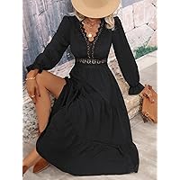 Women's Dress Guipure Lace Insert Flounce Sleeve -line Dress Women's Dress (Color : Black, Size : Medium)