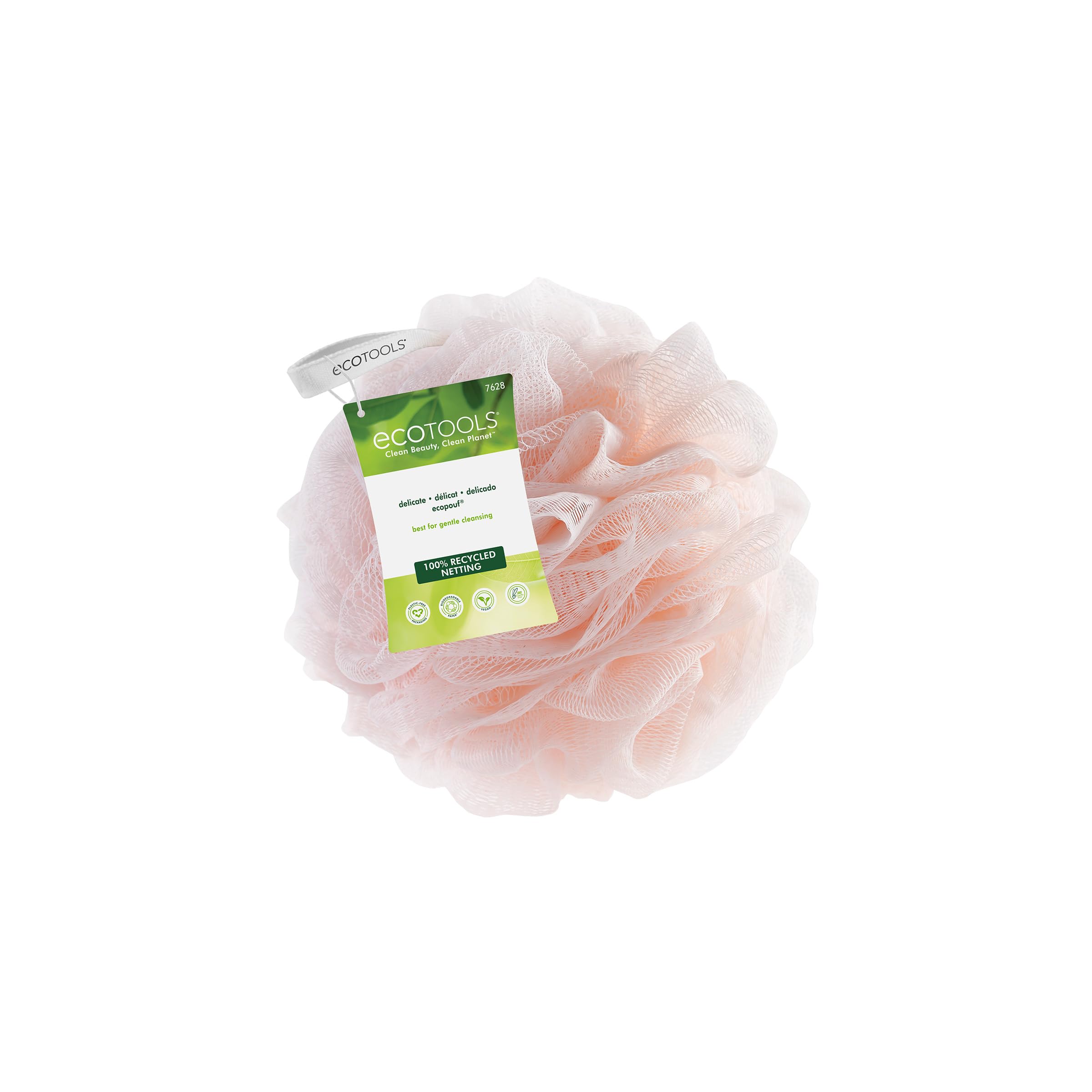 EcoTools Delicate EcoPouf Bath Loofah, Recycled Netting, Gentle Bath Sponge, Exfoliates & Cleanses Skin, for Shower & Bath Routine, Eco-Friendly, Vegan, & Cruelty-Free, Pink, 1 Count