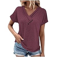 Womens Tops Pleated Button V Neck Short Sleeve Dreesy Casual T-Shirts Plain Solid Color Summer Fashion Blouses 2024