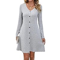 Solid Color Ribbed Knitted Mini Dress for Women V-Neck Button Long Sleeve A Line Dresses Autumn Lady Streetwear