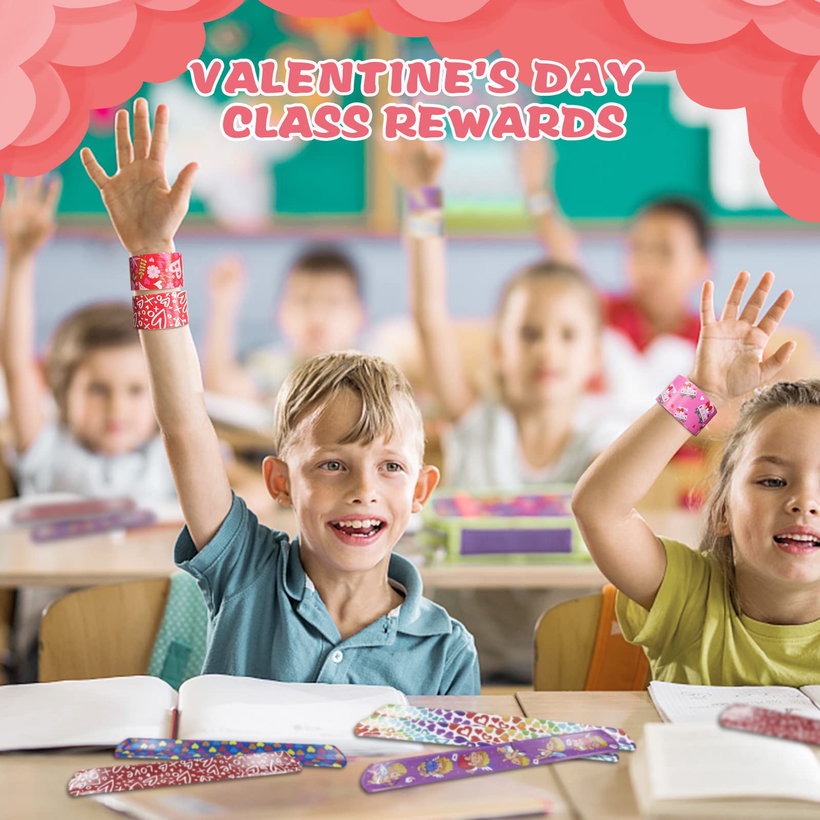AOYOO 48PCS Valentine's Day Slap Bracelets, Valentines Day Party Favors Colorful Slap Wristbands Valentines Gifts for Kids, Valentines Gifts for Class, 12 Styles