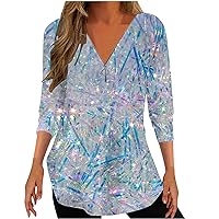 Women's Sparkle Party Tops Three Quarter Sleeve Tunic Shirts V Neck Zipped Tees Loose Blouse Pleated Summer Outfits