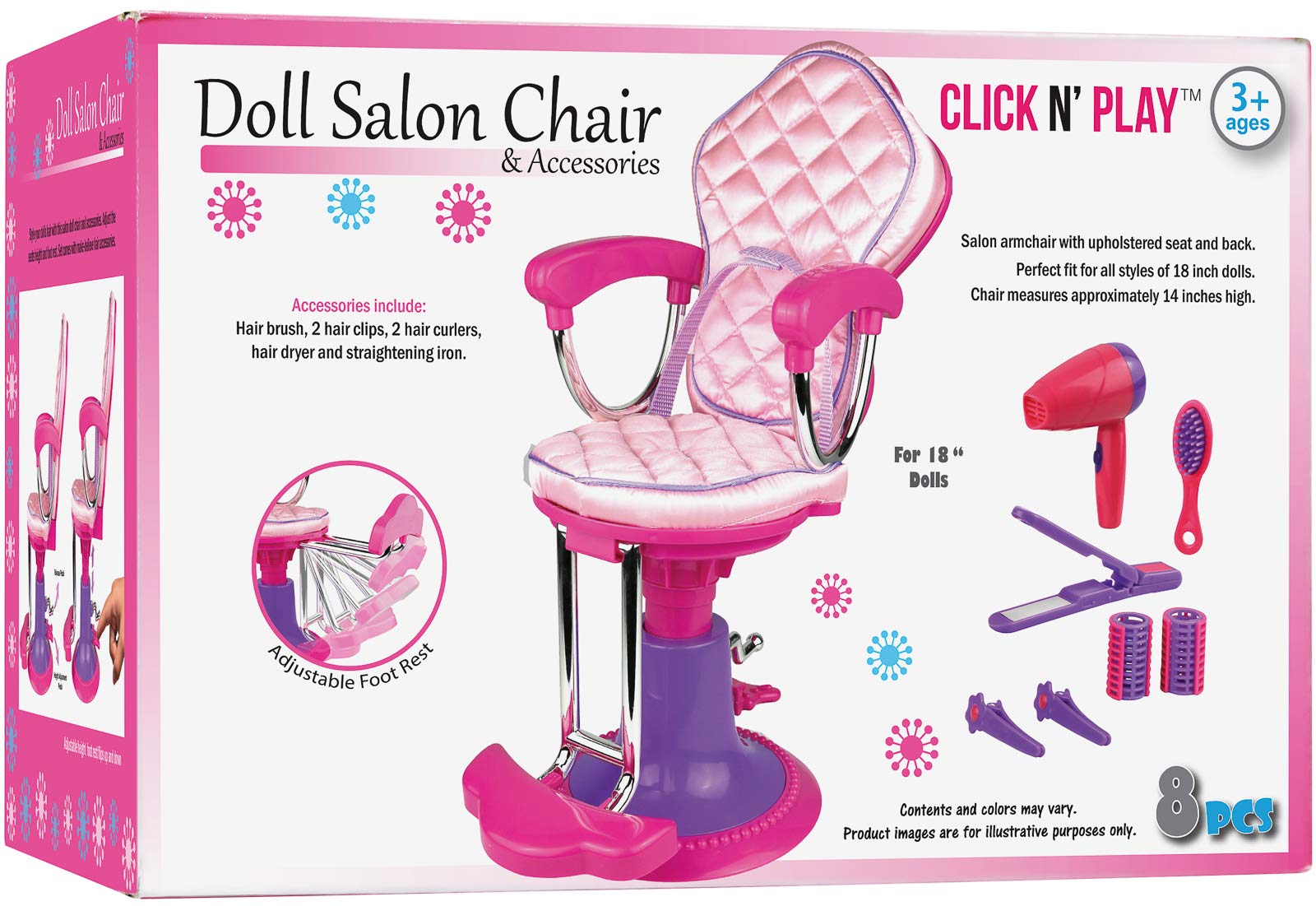 Pretend Play Hair Salon Toy for Girls, Click N' Play Doll Salon Chair with 8 Doll Hair Accessories: Chair, Hair Brush, 2 Hair Clips, 2 Curlers - Doll Accessories - Girl Gift Ages 3+, Pink & Purple