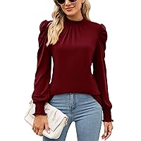 LUYAA Womens Tops Dressy Casual Frill Mock Neck Smocked Cuffs T Shirts Long Puff Sleeve Blouses