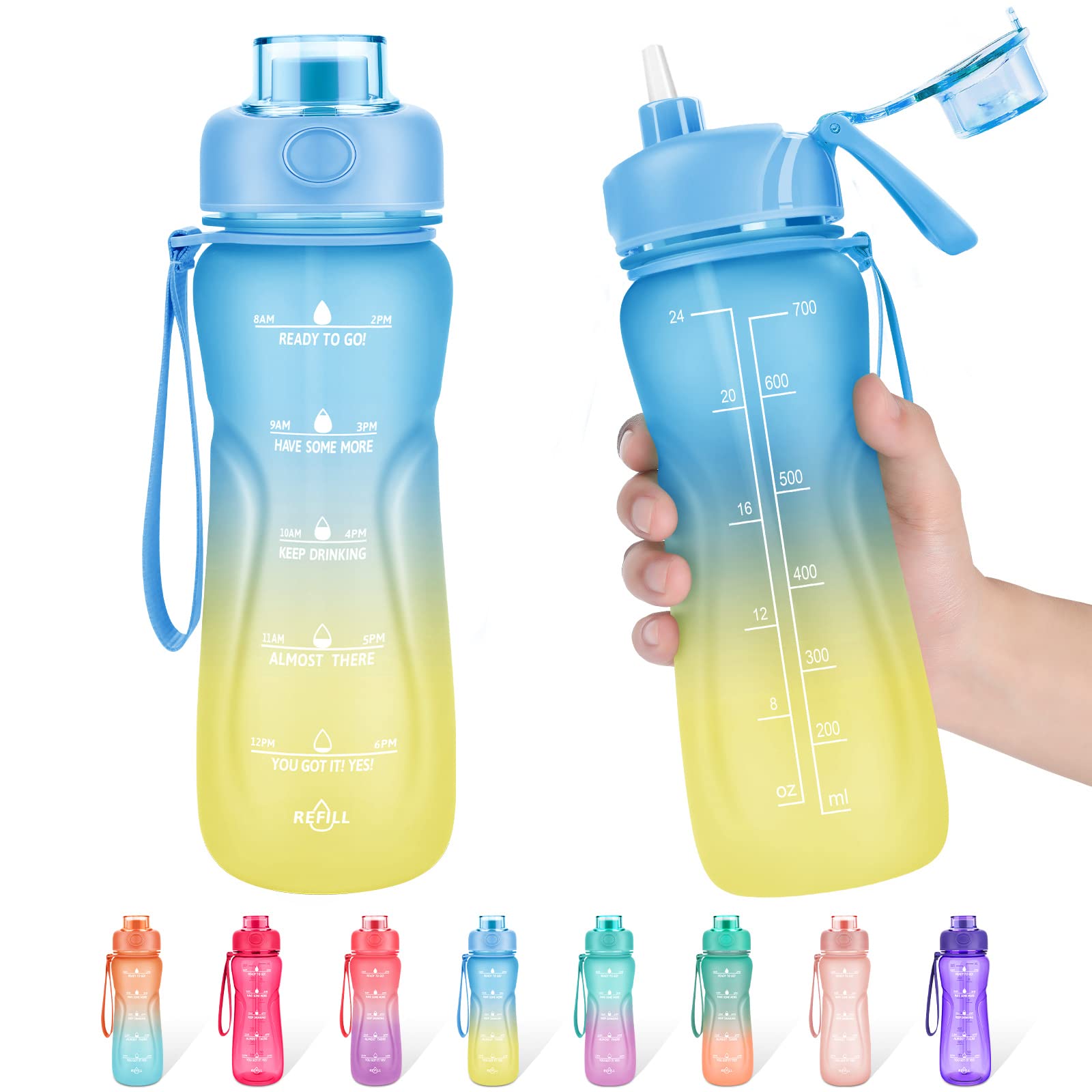 24oz/32oz/64oz/128oz Motivational Water Bottle with Time Marker & Removable Straw, BPA Free Drinking Water Bottle with Handle & Carry Strap, Leakpr...