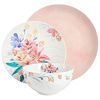 Spice by Tia Mowry Goji Blossom Decorated Porcelain Chip and Scratch Resistant Dinnerware Set, Pink, 12-Piece