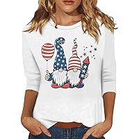 July 4Th Shirts Summer Tops for Women 2024 Plus Size 3/4 Sleeve American Flag Outfit Three Quarter Sleeve Shirt Tee