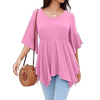 Women’s Casual 3/4 Bell Sleeve Tunic Tops Loose Fit V Neck Elastic Empire Waistline Babydoll Blouse Tops
