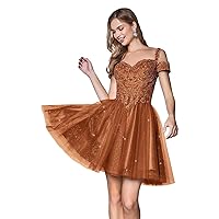 Eightale Women's Tulle Cold Shoulder Prom Dresses Lace Appliques A Line Glitter Short Homecoming Dresses Plus Size with Beading Burnt Orange US26 Plus