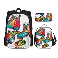 3 Pcs Colorful Roller Skates Print Backpack Sets Casual Daypack with Lunch Box Pencil Case for Women Men