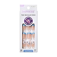 KISS imPRESS No Glue Mani Press-On Nails, French, Snooze', Light Neutral + Blue Tip French, Short Size, Squoval Shape, Includes 30 Nails, Prep Pad, Instructions Sheet, 1 Manicure Stick, 1 Mini File