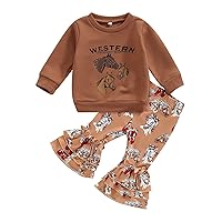 Western Bell Bottom Outfits For Toddler Girls Fall Winter Clothes Cow Print Crewneck Sweatshirt Flare Pants Casual Set