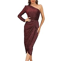 I2CRAZY Womens Sexy Twist Front Long Sleeve Satin Party Dress Ruched V Neck Bodycon Cocktail Dresses with Zipper