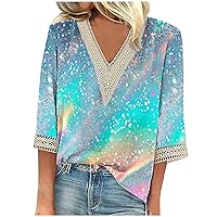 Floral Dressy Blouses for Women Guipure Lace V Neck Shirts 3/4 Sleeve Summer Tops 2024 Trendy Loose Fit Cute T Shirt