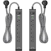 12FT Long Power Strip Surge Protector - with 6 Outlets 2 USB Ports, Heavy-Duty Braided Extension Cord, Flat Plug, 900 Joules, 15A Circuit Breaker, Wall Mount for Home Office (2 Pack)