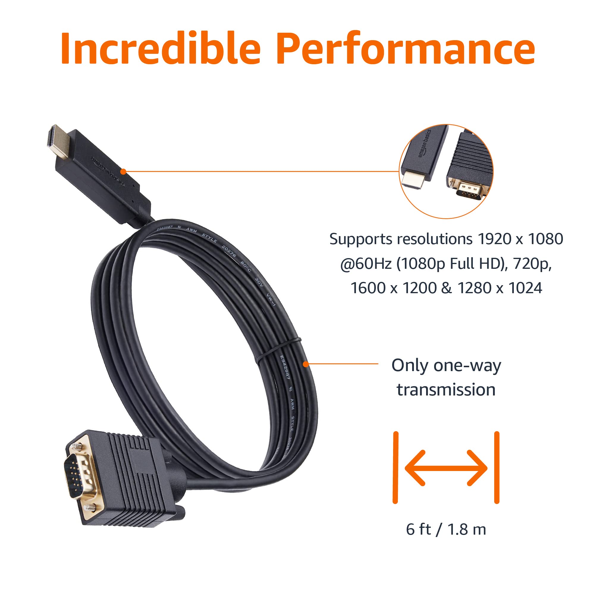 Amazon Basics Uni-Directional HDMI to VGA Cable, Gold-Plated, 6 Feet, Black