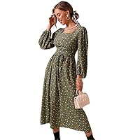 Summer Dresses for Women 2022 Ditsy Floral Print Lace-up Front Lantern Sleeve Dress (Color : Olive Green, Size : S)