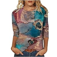 SMIDOW Womens Fashion Geo Graphic 3/4 Sleeve Tops 2023 Summer Loose Casual Crew Neck t-Shirt Pullover Blouse Trendy