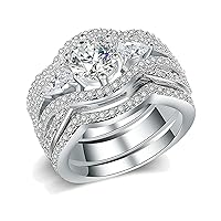 CEJUG 3.4Ct Bridal Wedding Ring Set for Women 14k White Gold Three Stones Engagement Rings Cz Two Bands Promise Size 6-10