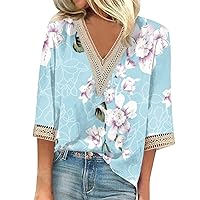 3/4 Sleeve Tops for Women Lace Eyelet Paneled Vneck Tops Floral Print Tshirt Vintage Graphic Tee Blouse Loose Tunic