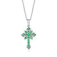 Ross-Simons 1.14 ct. t.w. Emerald Cross Pendant Necklace in Sterling Silver. 18 inches