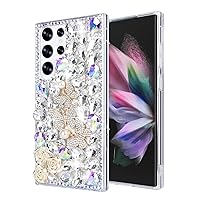 Compatible with Samsung Galaxy S23 Ultra Bling Diamond Case Luxury Glitter Shiny Sparkly 3D Butterfly Flower Crystal Rhinestones Phone Case for Women Girly Slim Shockproof Phone Cover, Silver