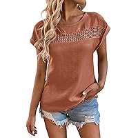 XJYIOEWT Y2K Tops with Sleeves Womens Summer Solid Tops O Neck Patchwork T Shirts Short Sleeve Tops Hollow Casual T Shi