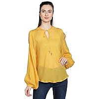 LOVESTONE Women's Cold Shoulder Yellow Puff Long Sleeves Top in Viscose Lurex Georgette Beautiful Yellow Blouse for Women