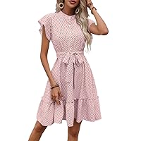 Womens 2024 Summer Dresses Polka Dot Print Ruffle Hem Belted Dress