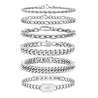 VNOX 5 Pcs Silver Chain Bracelets for Men + Initial Silver Bracelet for Men