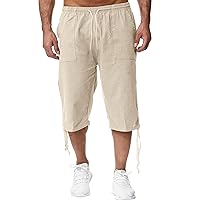 HAYKMTRU Mens Cotton Linen Capri Shorts Summer Sling Beach Cropped Pants Lightweight Baggy Hippie Below Knee Length Capris