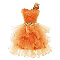 Short Prom Dresses Beaded Puffy One Shoulder Homecoming Pageant Fomal Evening Ball Gowns 083 Orange