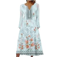 Women's 2023 Fall Plus Size Long Sleeve 1/4 Button V Neck Smocked Boho Floral Midi Dress with Pockets
