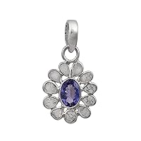 0.50 CTW Natural Diamond Polki Tanzanite Flower Pendant 925 Sterling Silver Platinum Plated Slice Diamond Jewelry