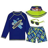 ABG Accessories Boys' Paw Patrol & Mickey Mouse Long Sleeves Rash Guard Swim Shorts, Glasses & Bucket Hat Kids Set Age 3-8