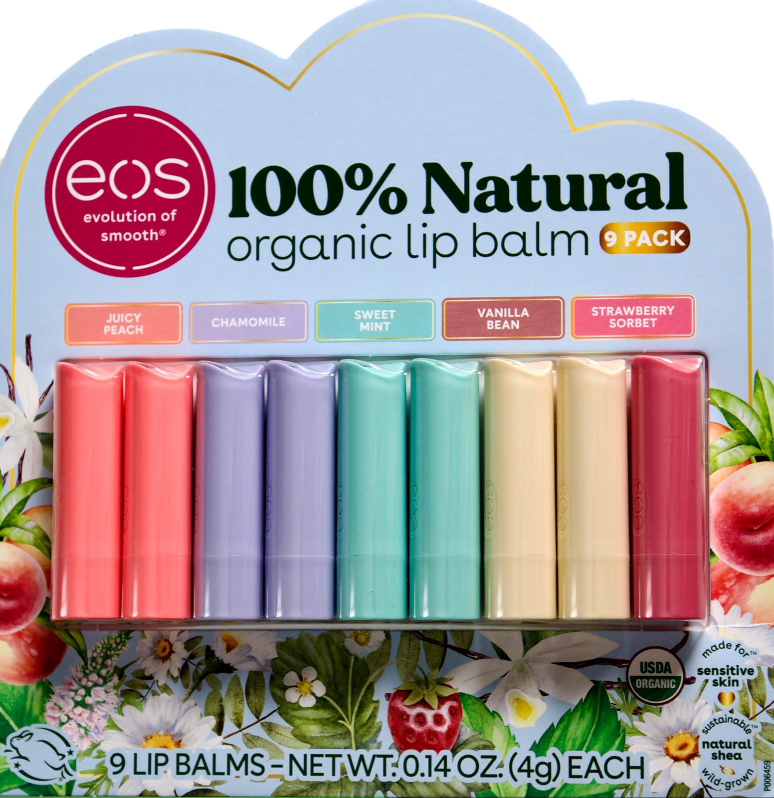 EOS Organic Lip Balm Juicy Peach Chamomile Mint Vanilla Strawberry, 9 Pack