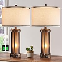 Set of 2 Farmhouse Table Lamps for Living Room with 2 USB Ports, Vintage Rustic Nightstand Lamps with Amber Glass Nightlight, Retro Desk Lamps for Bedroom Entryway, 4 Bulbs Included (Brown)