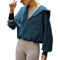 PEHMEA Women’s Half Zip Oversized Hoodie Y2K Cropped Sweatshirts Long Sleeve Pullover Tops with Pockets