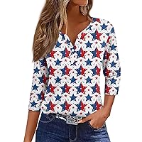 Red White and Blue Tops Women's T Shirt Independence Day Print Button 3/4 Sleeve V- Neck Daily Fashion Basic Top