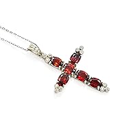5.65 Cts. Natural Red Garnet 7X5 MM Oval Cut Gemstone 925 Sterling Silver January Birthstone Holy Cross Pendant Necklace Garnet Jewelry Love Friendship Gift For Girlfriend (PD-8483)