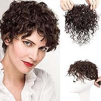 Permanent Curly Human Hair Topper with Bangs Seamless Fluffy Short Curly Clip in Topper Hair Pieces for Women with Thinning Hair Cover Grey Hair Add Hair Volume(Dark Brown,Extended hair tail)