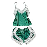 Sexy Pajamas Set for Women, Lace Trim Lingerie Pjs Strappy Cami Tops and Shorts Set Silk Satin Nighty Sleepwear