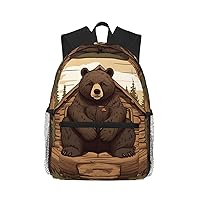 Rustic Lodge Bear Printed Lightweight Casual Backpack,Laptop Backpack,Cute Canvas Backpack,Travel Rucksack Daypack For Men Women