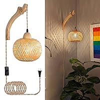 Frideko Bamboo Lantern Plug in Wall Sconces Wicker Wall Lamp with Plug in Cord Hand Woven Rattan Wall Light Farmhouse Rustic Wall Sconces Boho Sconces Wall Lighting for Living Room Bedroom