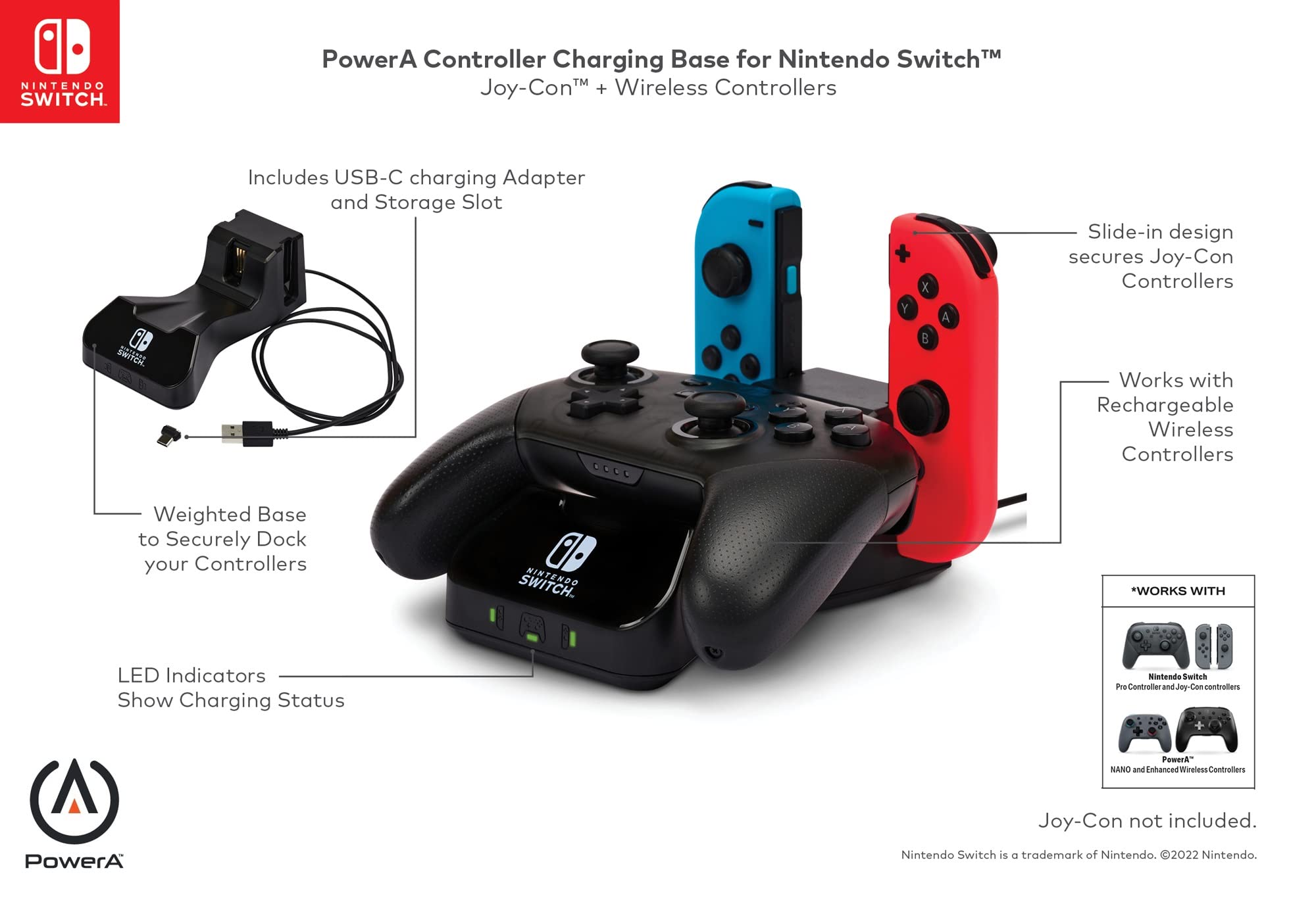 PowerA Controller Charging Base for Nintendo Switch, Black, Wireless Controller charging, Charge, rechargeable battery, Nintendo Switch, Joy-Con Charging, PowerA Wireless Charging
