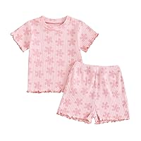 Toddler Baby Girl Clothes Summer Short Sleeve Floral Print T Shirt Tops + Elastic Shorts Set Infant Casual Outfits