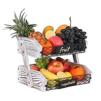 Fruit Basket, 2 Tier Fruit Bowl for Kitchen Counter, Wooden Fruit Holder with Hooks, Multipurpose/Large Capacity for Fruit, Vegetables, Bread Storage and Home Kitchen Countertop Organizer