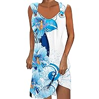 Women 2024 Sleeveless Beach Sundress Summer Floral Print Dresses Swimsuit Cover Ups Swing Casual Loose Tank Tshirt Dress