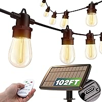 addlon 102FT(96+6) Solar String Lights Outdoor Waterproof with USB Port & Remote Control Solar Patio Lights Long Last for 20+Hrs Dimmable Solar Power LED Bulbs for Porch Garden Market Bistro Christmas