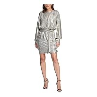 Vince Camuto Womens Gold Metallic Zippered Self Tie Waist Textured Lined Printed Blouson Sleeve Keyhole Above The Knee Evening Shift Dress Petites 8P